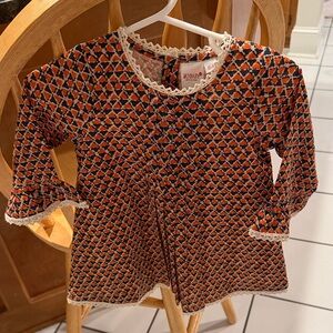 Yo Baby Auburn Orange Blue Geometric Patterned Baby Dress with Lace Trim